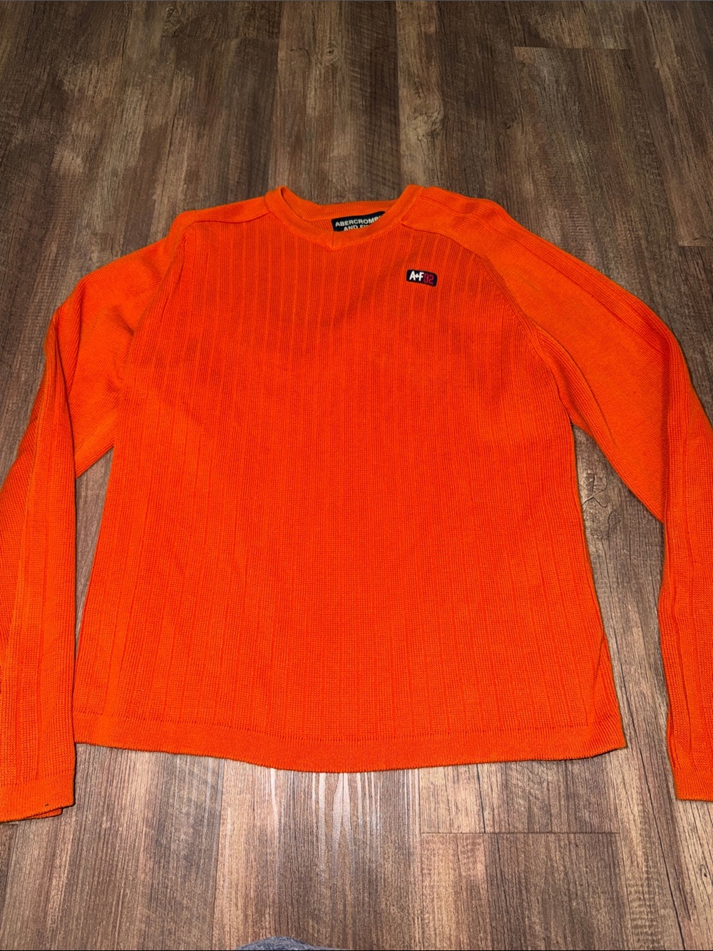Vintage Abercrombie and Fitch Men's Long Sleeve Sweater Orange Vneck Ribbed Sz L